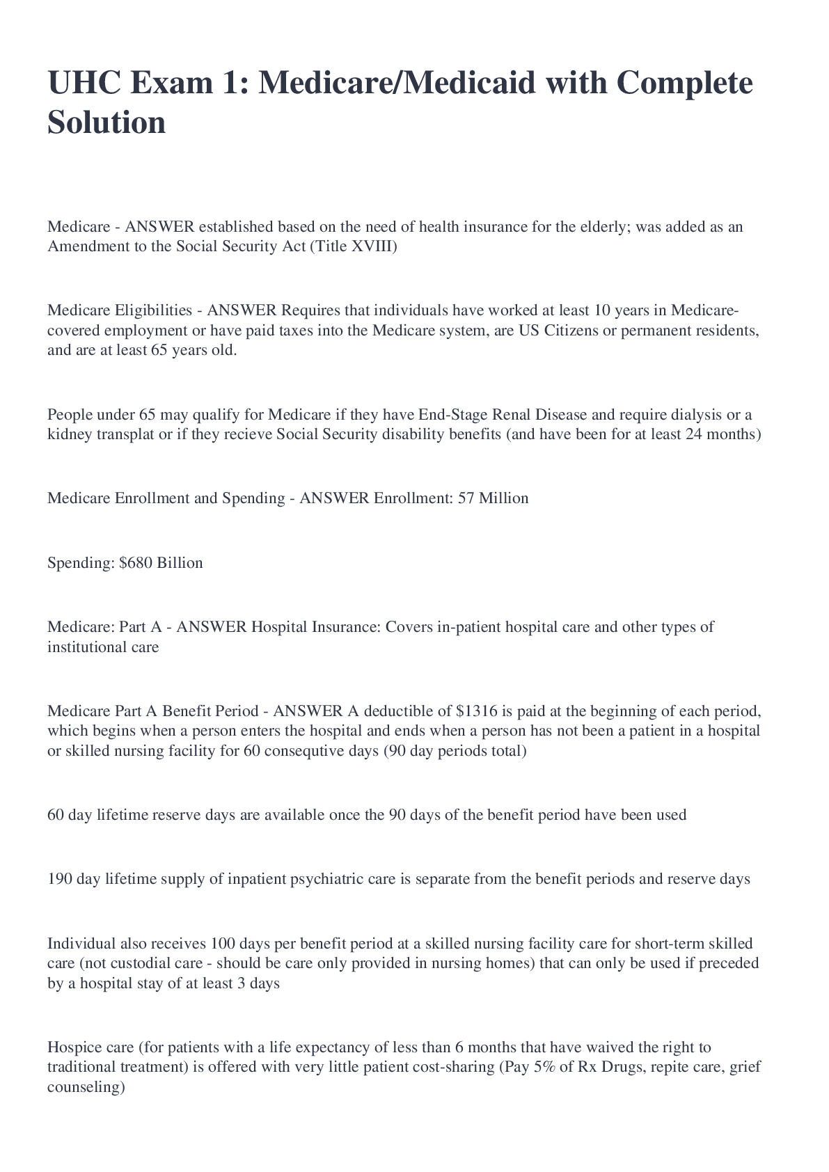 UHC Exam 1 Medicare/Medicaid with Complete Solution Browsegrades